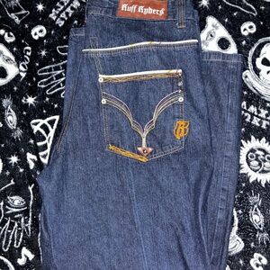 Baggy ruff rider embroidery jeans